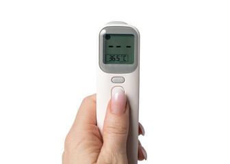 Woman's hand holds Thermometer Gun Isometric Medical Digital Non-Contact Infrared Sight Handheld Forehead Readings. Temperature Measurement Device isolated on white background © Наталья Устинова
