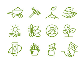 Set of icons. Growing seedlings plant. Agriculture and gardener. Biotechnology plants. Sowing seeds. Vector contour green line.