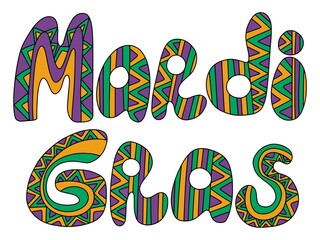Mardi Gras zentagle words colored stock vector illustration. Ornamental hand drawn lettering words in green, orange and purple colors. Happy Mardi Gras festival phrase white isolated. One of a series