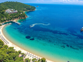 Plakat Aerial view over Koukounaries beach in Skiathos island, Sporades, Magnesia, Greece