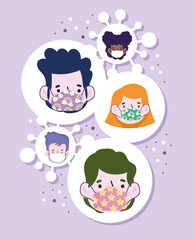 new normal lifestyle, cartoon people faces with protective masks, covid 19 outbreak