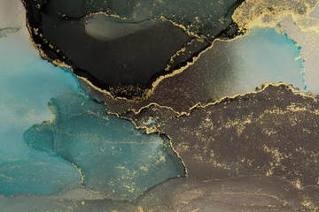 Zelfklevend Fotobehang Art Abstract painting blots horizontal background. Alcohol ink blue and gold colors. Marble texture. © Liliia