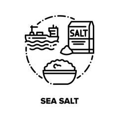 Sea Salt Spice Vector Icon Concept. Ship Floating In Ocean, Harvesting And Transportation Mineral, Salt In Bowl And Package, Dish Flavoring Ingredient, Salted Food Black Illustration