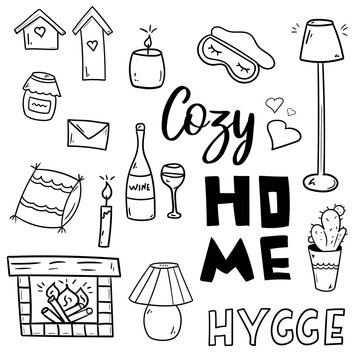 Cute vector hand drawn doodle set. Cozy Home. Stay Home, work in home. Simple doodle icons, home elements