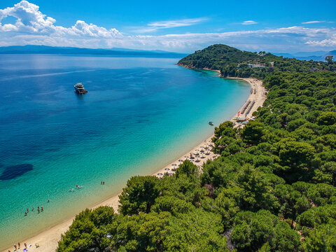 Aerial view over Koukounaries beach in Skiathos island, Sporades, Magnesia, Greece