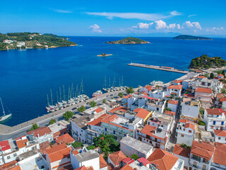Obraz premium Aerial panoramic view over Chora town in Skiathos island, Sporades, Magnesia, Greece