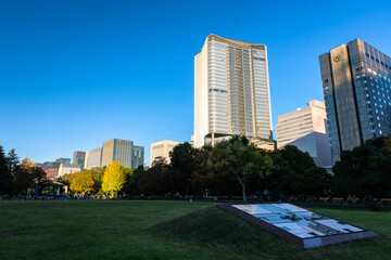 Obraz premium 東京都 夕方の日比谷公園と高層ビル群