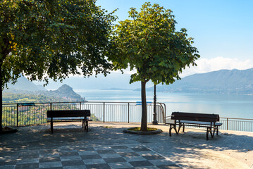 Fototapeta na wymiar Terrace of the Belvedere Pasquè with stunning view of Lake Maggiore in Brezzo di Bedero, province of Varese, Italy