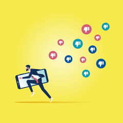 Social network marketing or social media disapproval concept, Businessman running away from negative comments icons