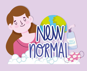 new normal lifestyle, girl with mask disinfectant spray and planet cartoon style