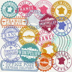 Montpellier France Set of Stamps. Travel Stamp. Made In Product. Design Seals Old Style Insignia.