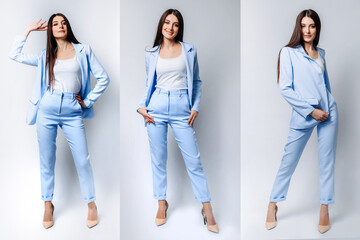 set a businesswoman with a straight-cut brunette hair in a formal blue pantsuit and beige...