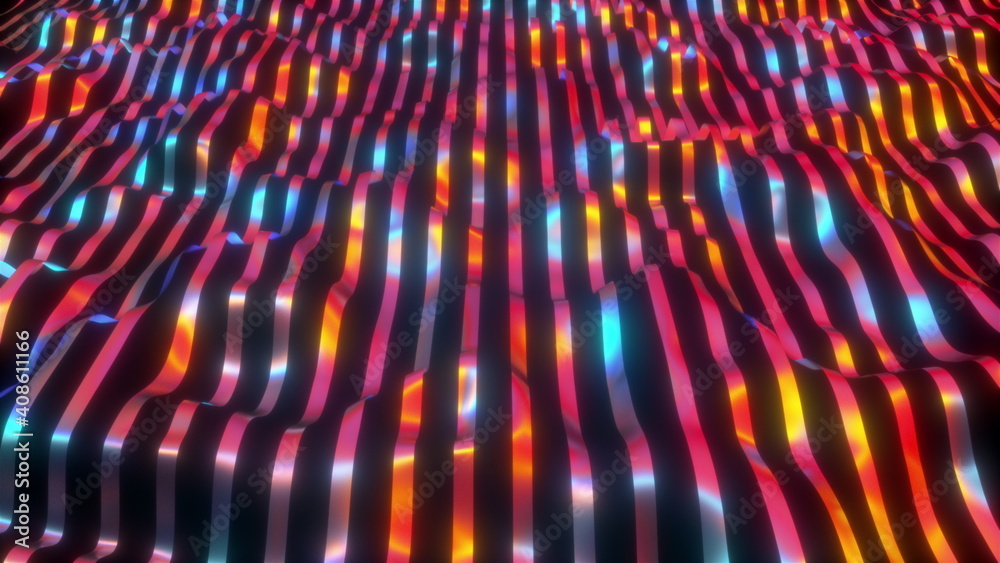 Poster computer generated wavy neon lines. 3d rendering stripes backdrop with gradient light