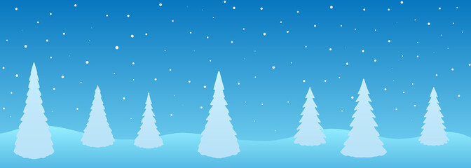 Abstract vector winter blue cartoon background. Falling snow from clouds on white Christmas trees.