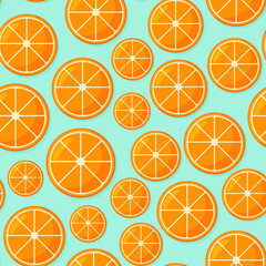 Orange fruit pattern. Sweet beautiful citrus seamless background with yellow juicy oranges. 