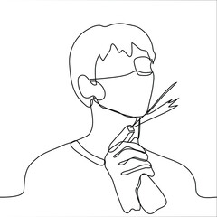 man in a protective mask stands with a spray. one line drawing clears the air around.