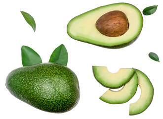 Avocado and slices isolated on a white background, top view