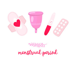 menstrual period. flat cartoon set with tampons, pads, uterus and flowers. Feminine hygiene