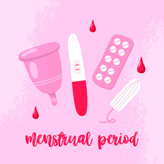 menstrual period. flat cartoon set with tampons, pads, uterus and flowers. Feminine hygiene