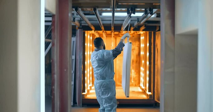 Worker of the painting shop pushing metal products into the oven for baking powder paint. Powder coating process at the manufacturing