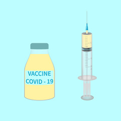  COVID-19 Coronavirus Vaccine and realistic syringe. Square  banner for Covid Vaccination concept. Stock vector illustration on a  isolated background.	