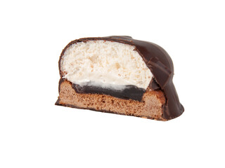 Cookie in chocolate glaze with mousse filling isolated on the white