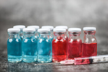 Close up vaccine vial dose flu shot drug needle syringe, medical concept vaccination hypodermic injection treatment, disease care hospital prevention, immunization illness disease isolated background.