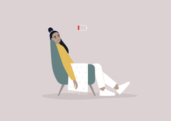 A young female Asian exhausted character sitting in a chair with a low battery indicator above - obrazy, fototapety, plakaty