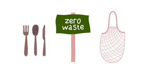 Zero waste design elements. concept set with eco objects. hand drawn zero waste. 
