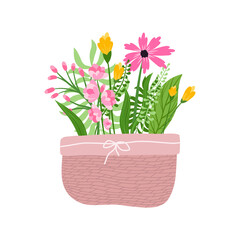 wicker basket for home. basket of flowers. illustration hand drawing. flat.