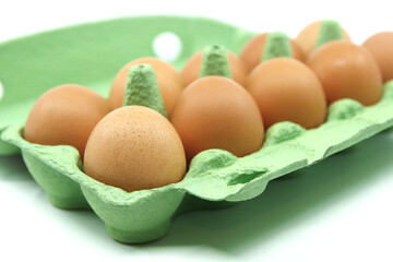 Chicken eggs in a green egg container. Container with eggs isolated on a white background.