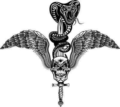 Winged Skull with Sword and Snake Tattoo Cobra