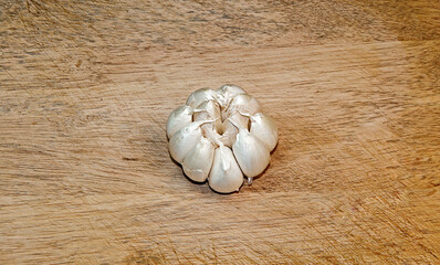 One Organic garlic whole and cloves on the wooden background.
Top view.