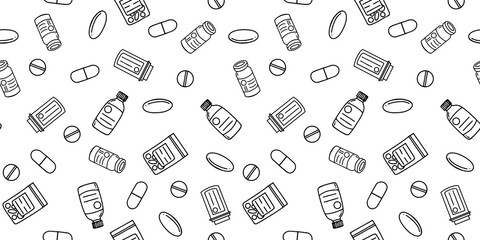 seamless pattern vector icon background of medicine pills, capsule, bottle, vaccine bottle.