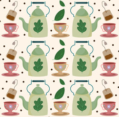 Tea time teapots teacups teabags beverage herbal leaves background