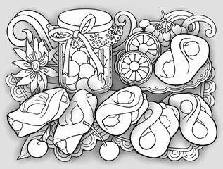 Buns, flower, jam, lemon on the napkin composition.