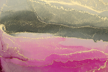 Art Abstract painting blots horizontal background. Alcohol ink black, pink and gold colors. Marble texture.