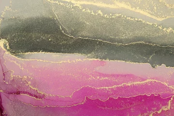 Zelfklevend Fotobehang Art Abstract painting blots horizontal background. Alcohol ink black, pink and gold colors. Marble texture. © Liliia