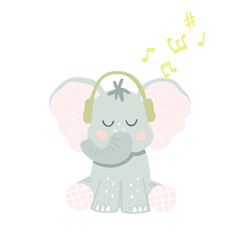 Cute baby elephant in headphones listens to music. Little music lover. Vector illustration in cartoon style