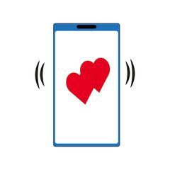 Phone with two red hearts on the screen, a symbol of love. Vector illustration.