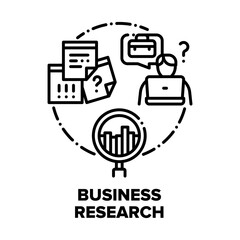 Business Research Analysis Vector Icon Concept. Manager Researching Job Market And Analyzing Profit Or Financial Infographic, Worker Pondering Project Plan Or Strategy Black Illustration