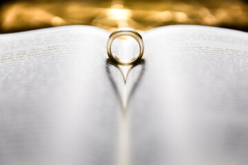 Wedding rings creating shape of the heart with Bible