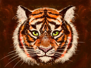 portrait of orange brown fluffy tiger. Portrait of an animal on a dark background, grunge drawing.