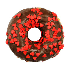 Donut in chocolate glaze with heart-shaped caramel sprinkles. Isolated on a white background.