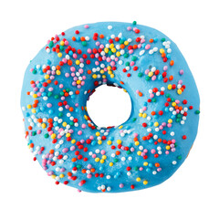 Donut in blue glaze with colored sprinkles. Isolated on a white background.