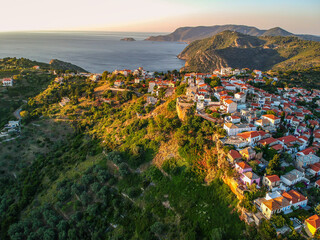 Aerial panoramic view over Chora the beautiful old Village of Alonnisos island, Sporades, Greece