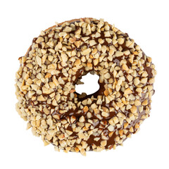 Chocolate glazed donut sprinkled with nuts. Isolated on a white background.