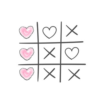 Happy valentines day greeting card. Tic tac toe game with criss cross and hearts. Hand drawn. Vector illustration