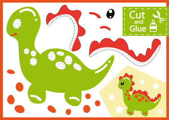 Cut and glue the paper Dinosaur. Children  worksheet. Kids art game and activities page. Children craft. Vector illustration.