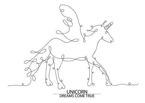 Drawing continuous line the unicorn. Graphic image of a solid line unicorn horse. Fantasy animalistic sketch in a minimalist style. Beautiful Horse Jump. Vector illustration.